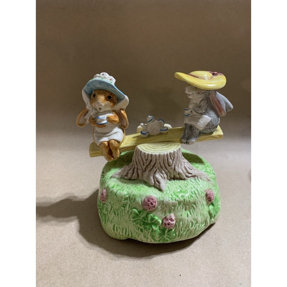 Vintage Otagiri Ceramic Bunny Music Box Seesaw My Favorite Things Motion Rabbits